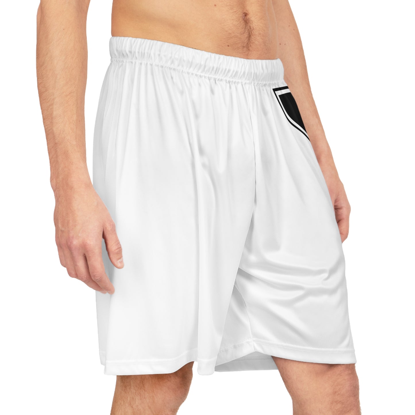 White Basketball Shorts with Bold Black Side Logo — Athletic Teamwear