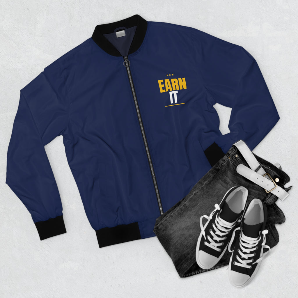Men's Earn It Bomber Jacket – Navy Motivational Gym Jacket