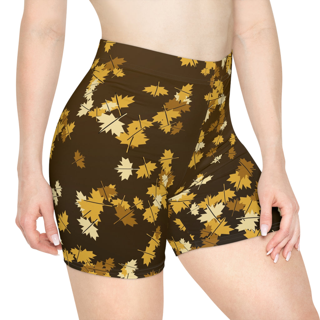 Harvest Gold Falling Leaves Women's Biker Shorts — High-Waist Workout Shorts