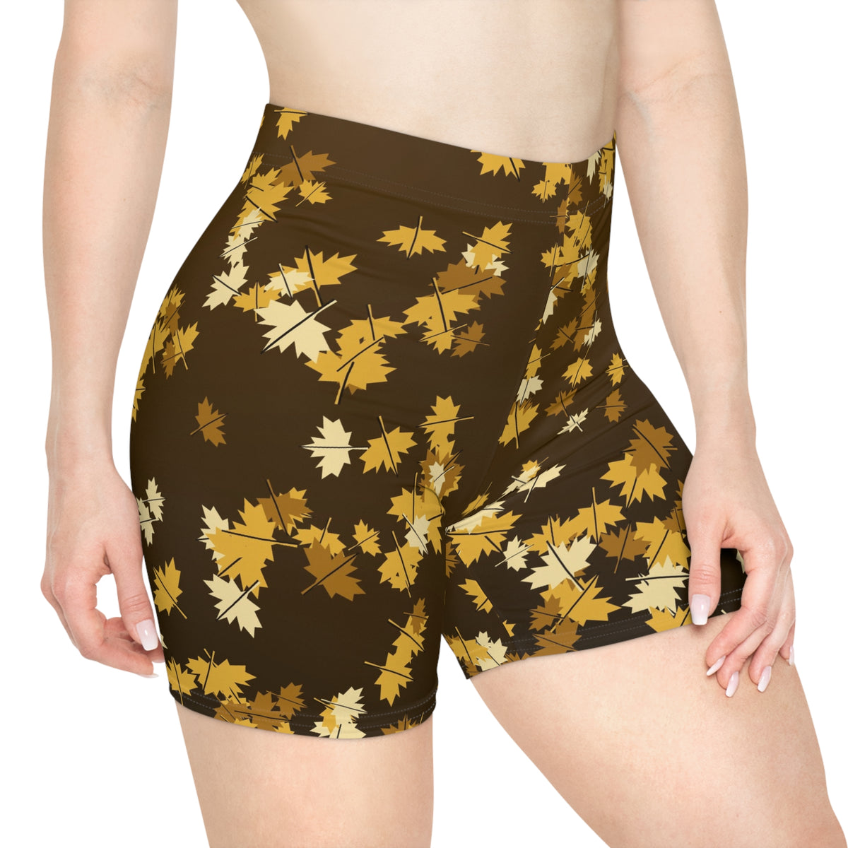 Harvest Gold Falling Leaves Women's Biker Shorts — High-Waist Workout Shorts