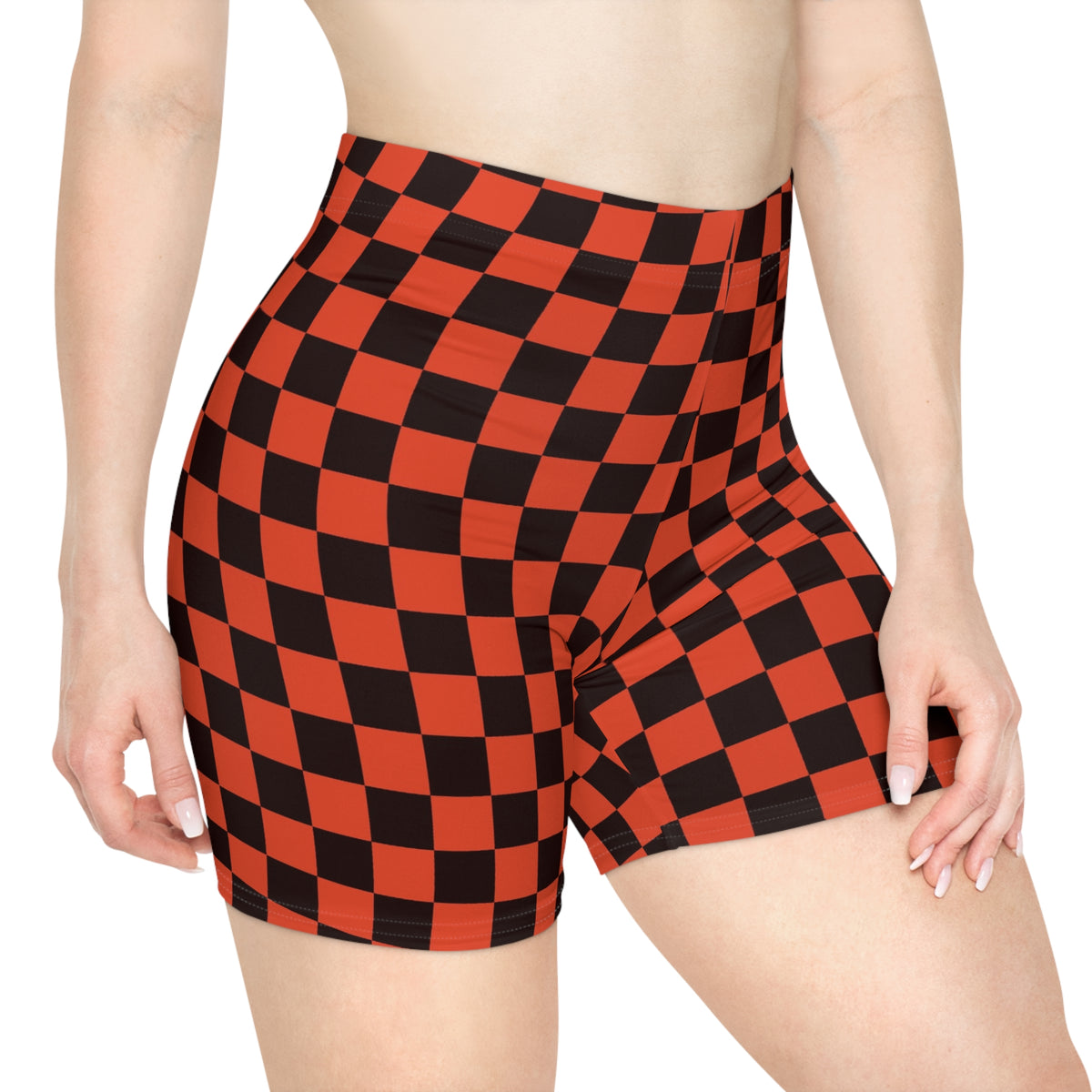 Maple Warp Check Women's Biker Shorts — High-Waist Workout Shorts