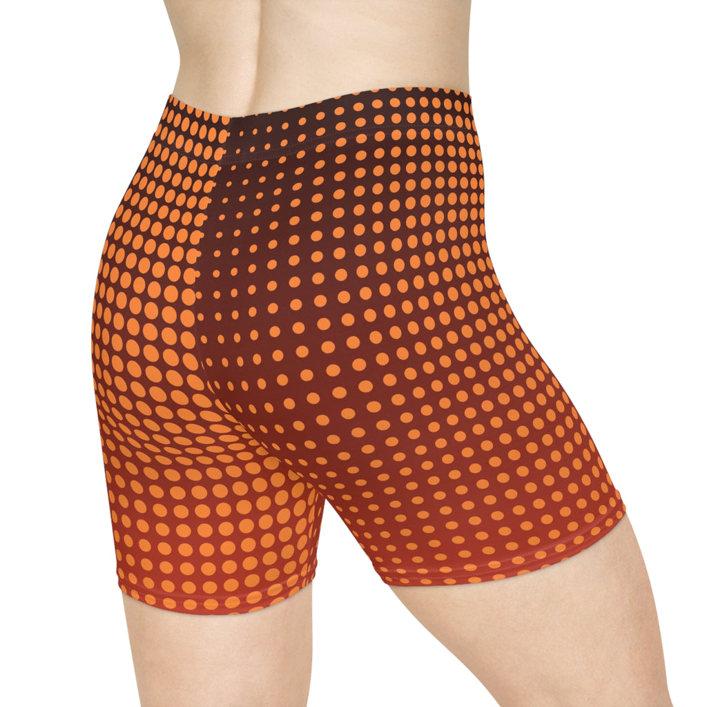 Sunset Orchard Halftone Women's Biker Shorts — High-Waist Workout Shorts