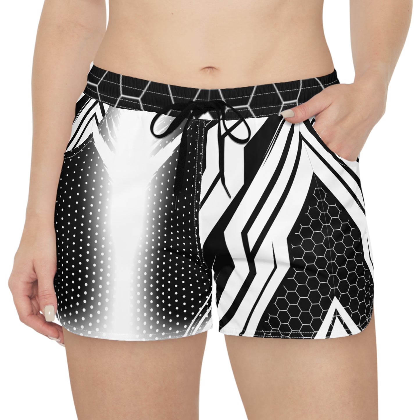Black & White Geo Athletic Shorts — Women's Casual AOP Running Shorts