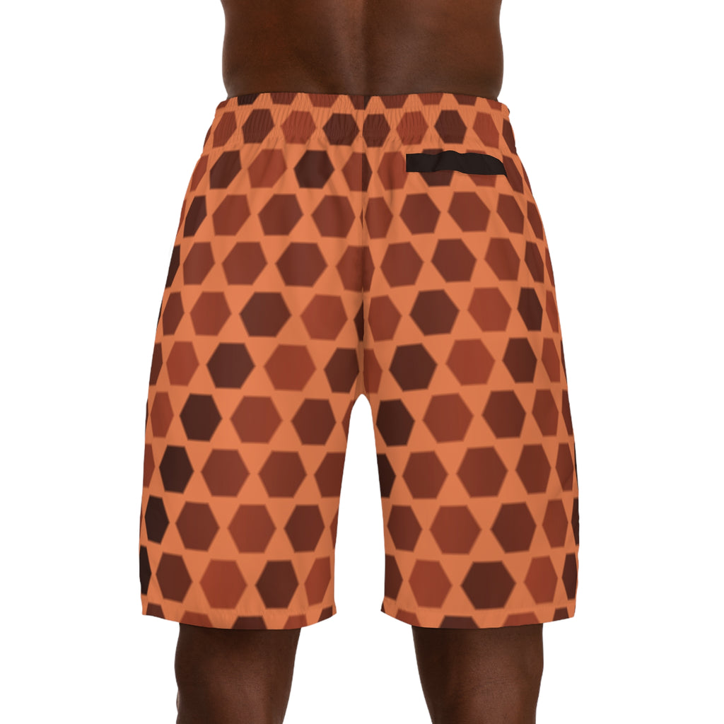 Men's Terracotta Hex Grid Performance Jogger Athletic Shorts with Pockets