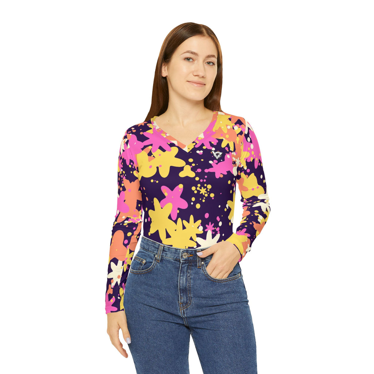 Sunset Splatter Women's Long Sleeve V-Neck Athletic Top