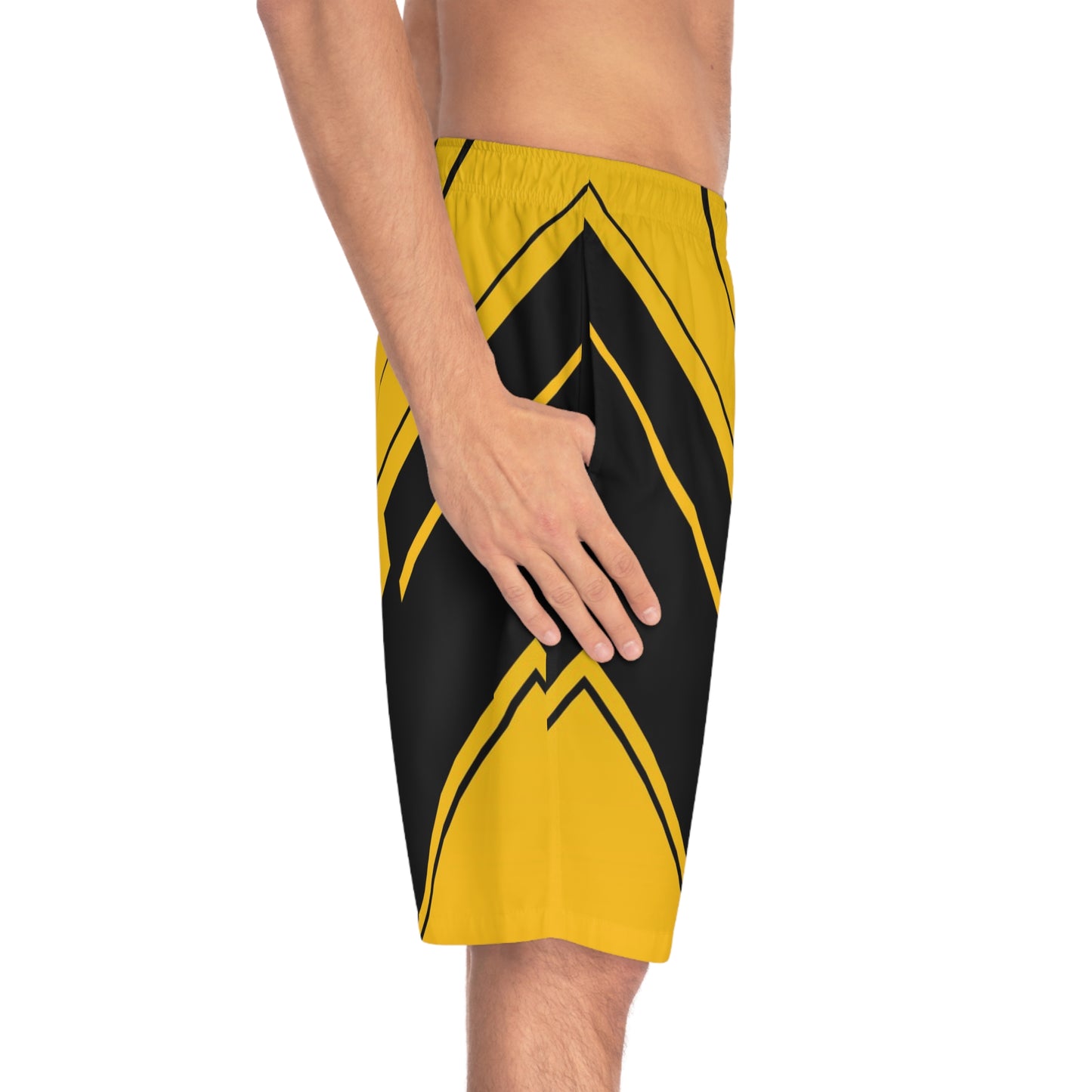 Yellow & Black Geometric Board Shorts — Men's Athletic Swim Trunks