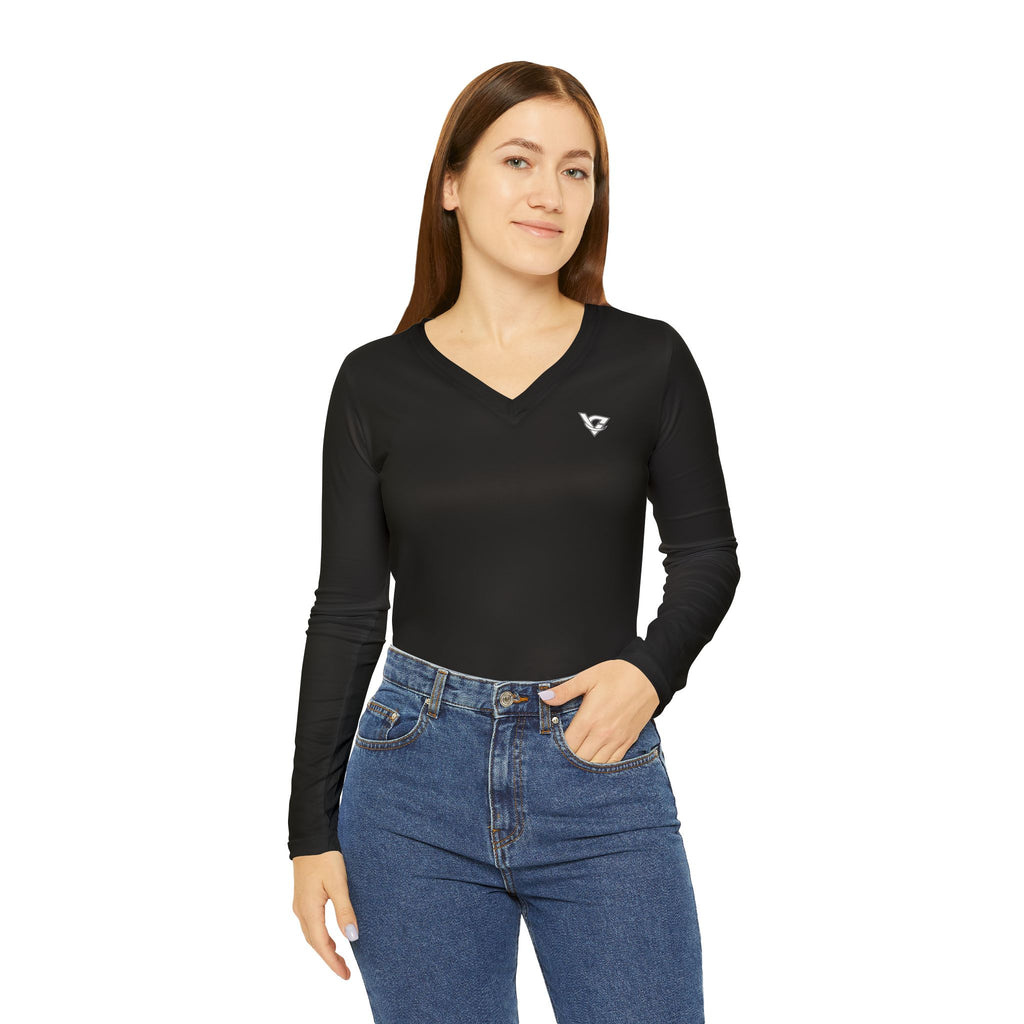 Jet Black Essential Women's Long Sleeve V-Neck Athletic Top