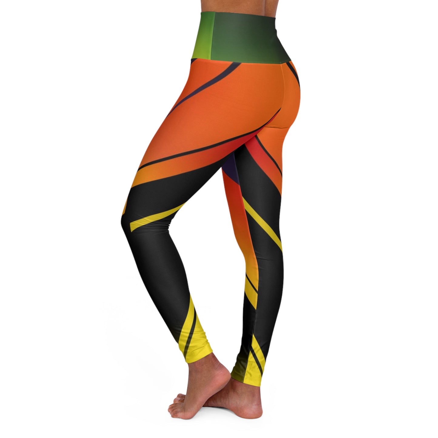 High-Waisted Abstract Flame Yoga Leggings - Vibrant Orange & Black AOP