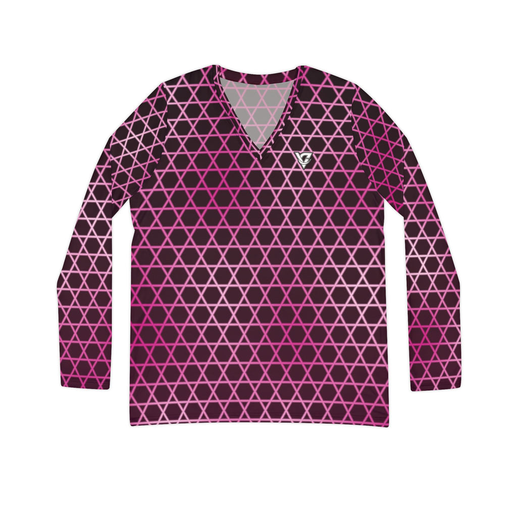 Berry Hex Grid Women's Long Sleeve V-Neck Athletic Top