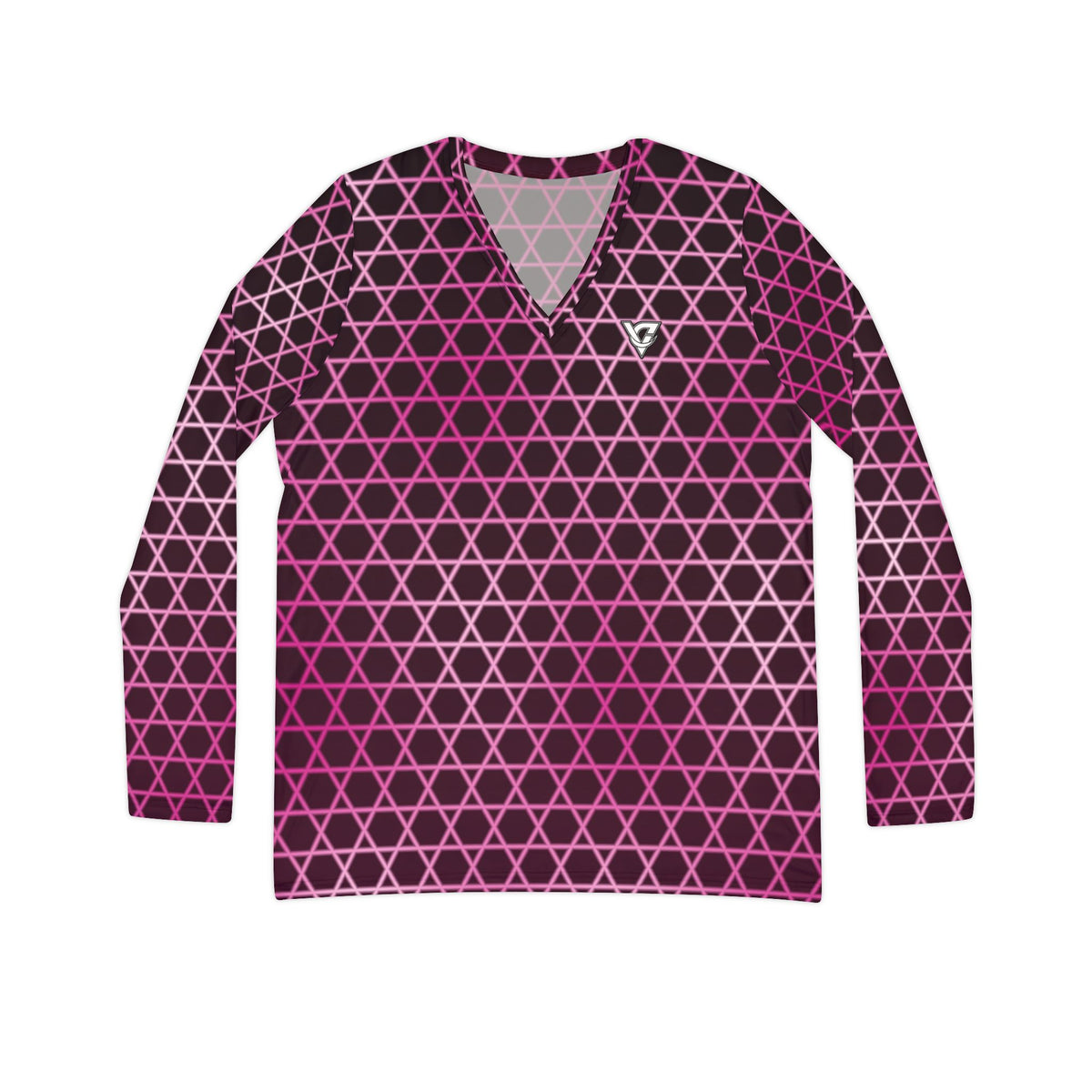 Berry Hex Grid Women's Long Sleeve V-Neck Athletic Top