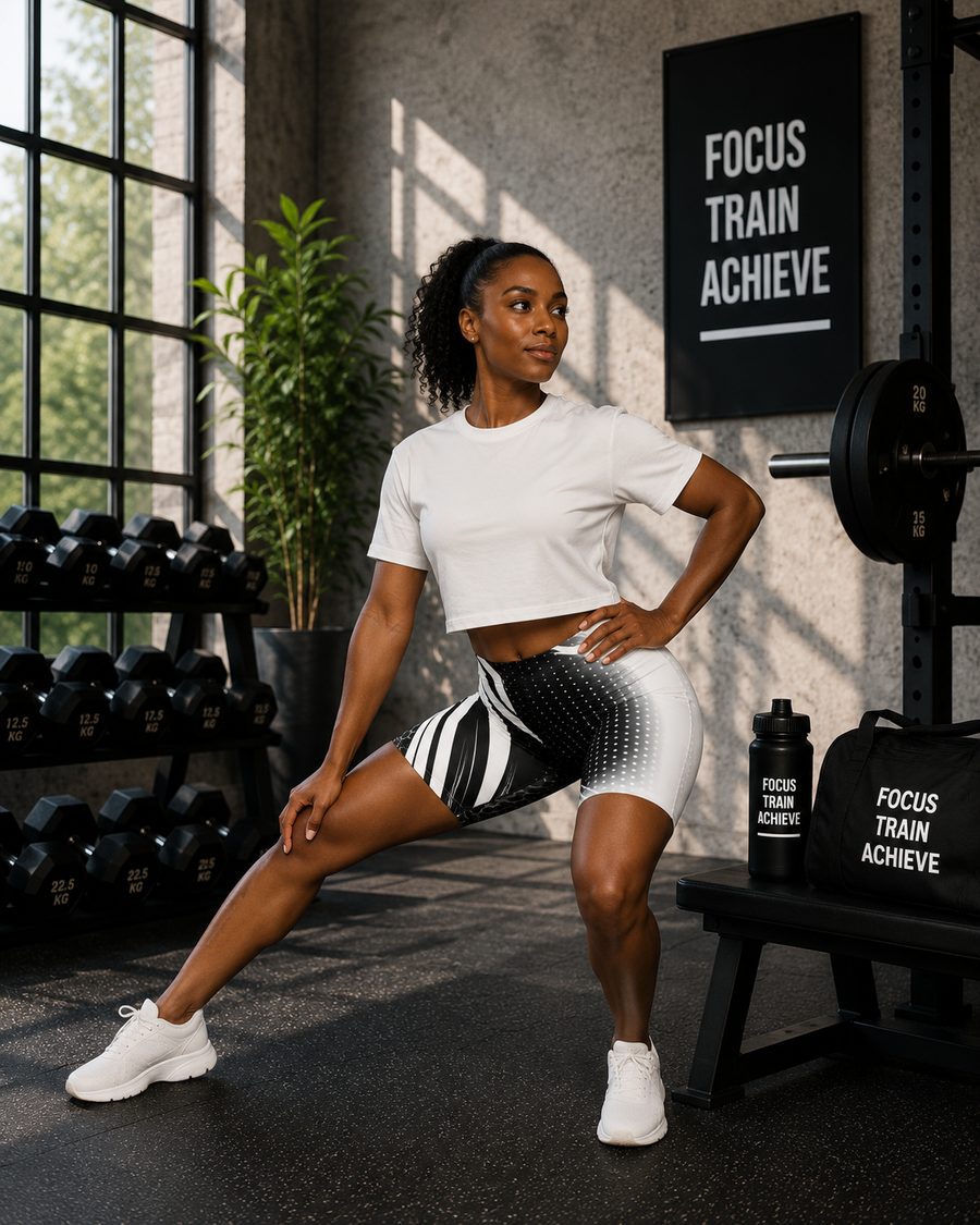 Black & White Geometric Biker Shorts — Abstract Stripes & Honeycomb Activewear