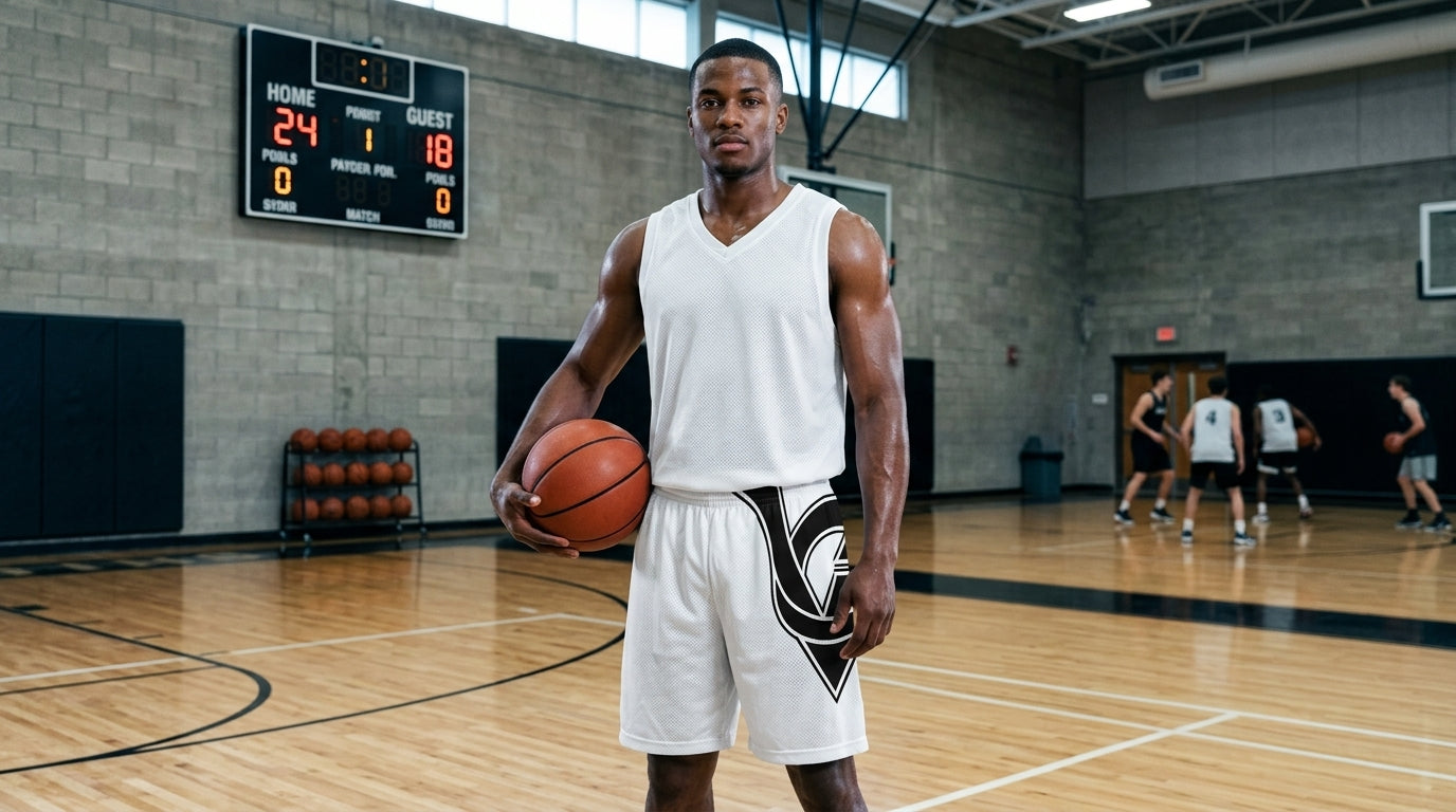 White Basketball Shorts with Bold Black Side Logo — Athletic Teamwear
