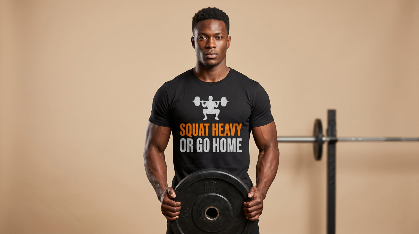 Squat Heavy Tee — Bold Orange Gym Shirt for Weightlifters & CrossFit
