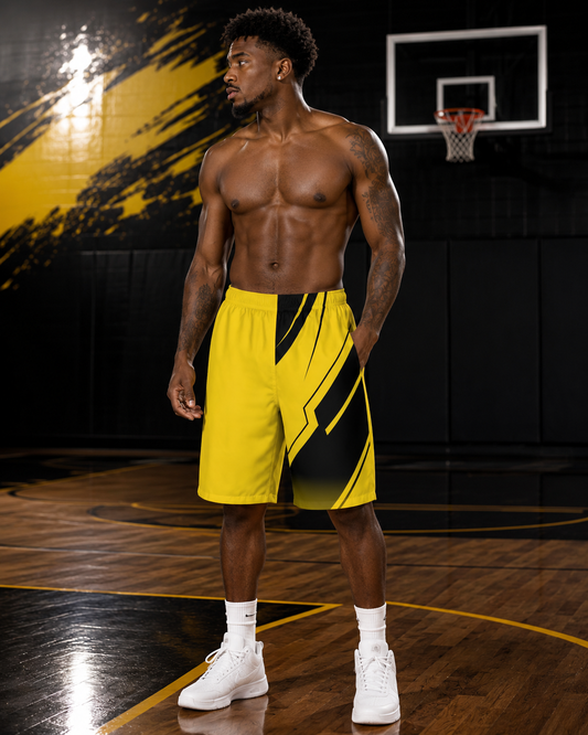 Yellow Black Graphic Board Shorts — Bold Stripe Surf Trunks