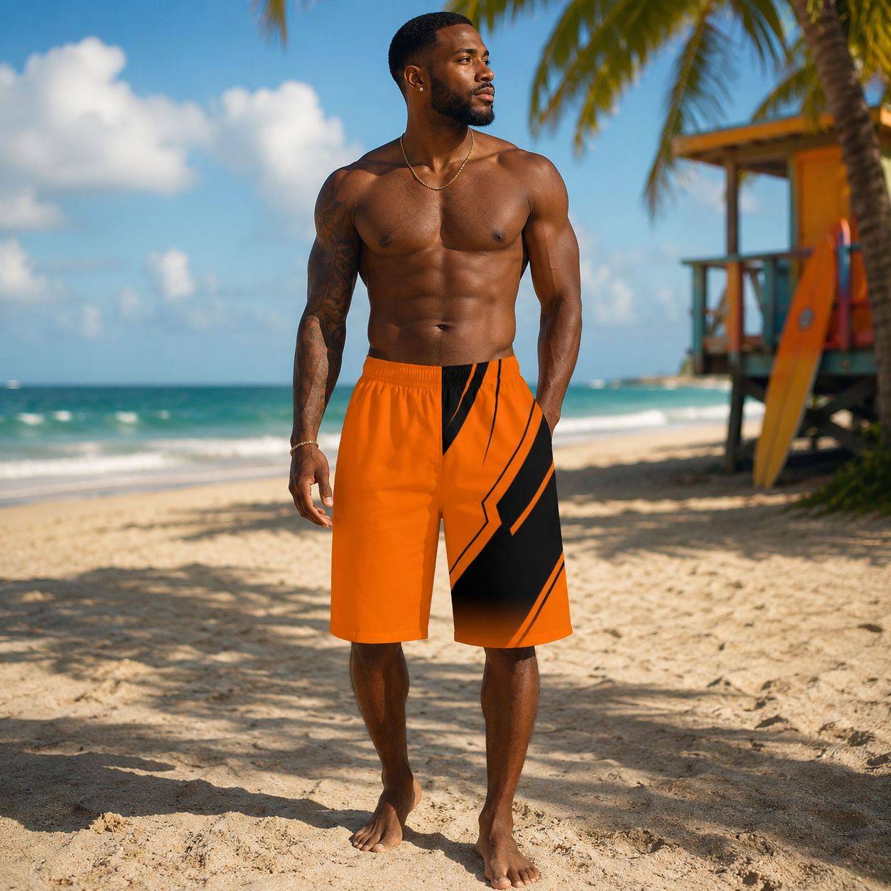 Orange & Black Geometric Board Shorts — Men's Surf Swim Trunks