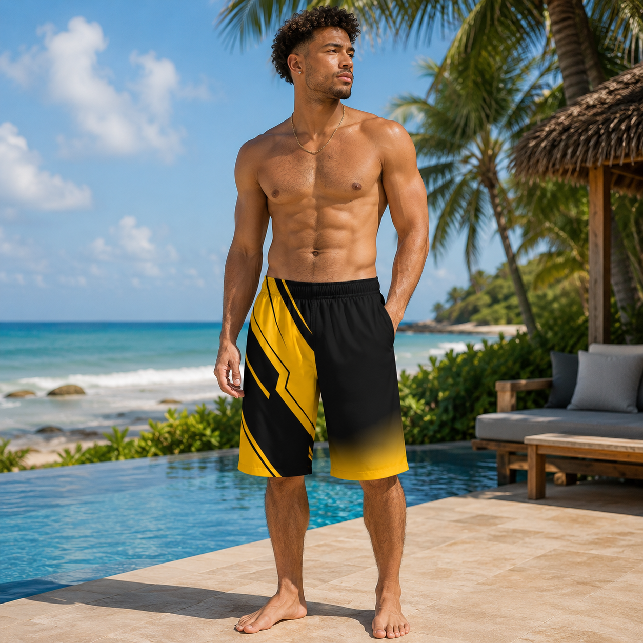 Yellow & Black Geometric Board Shorts — Men's Athletic Swim Trunks