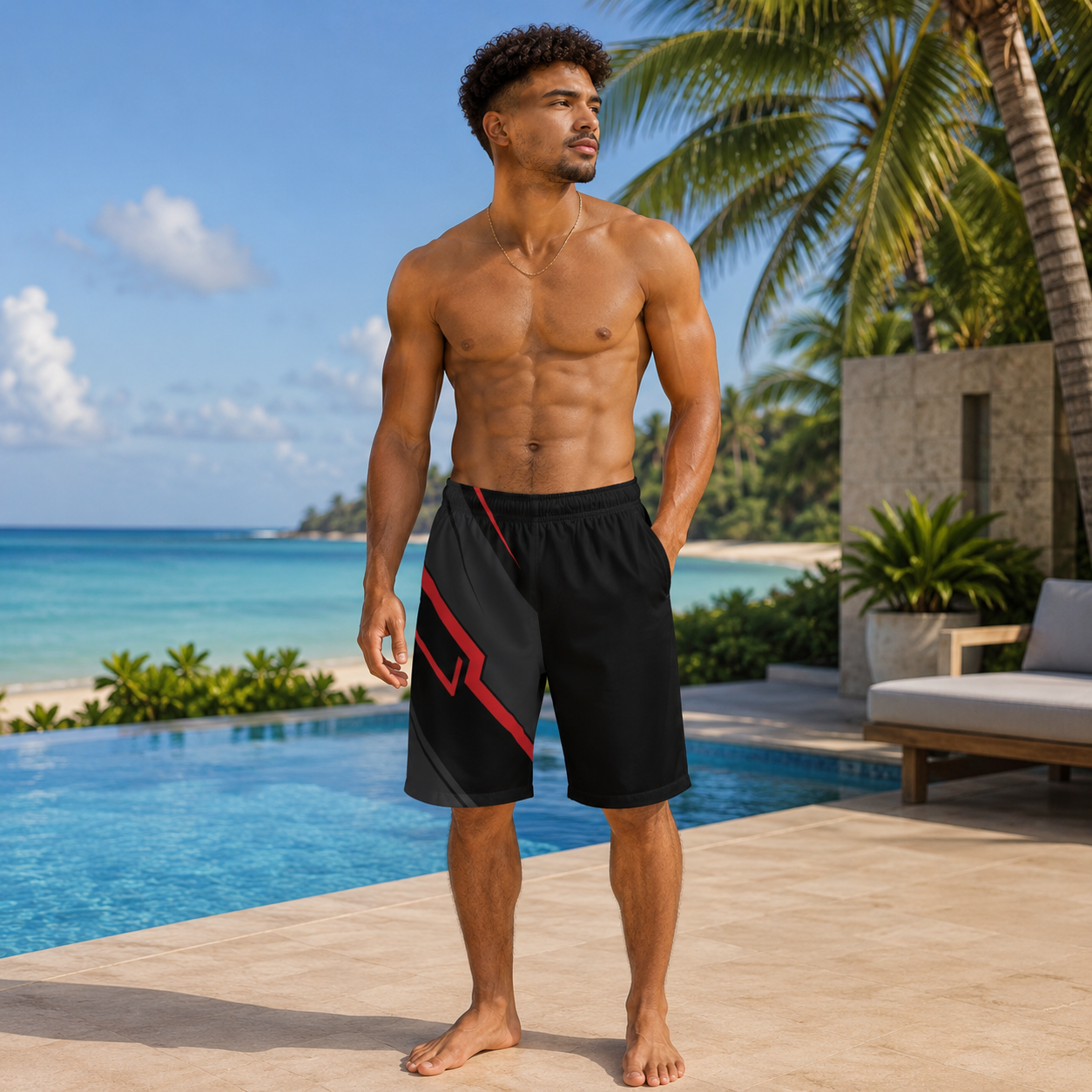 Men's Black & Red Tech Board Shorts — Geometric Athletic Swim Trunks