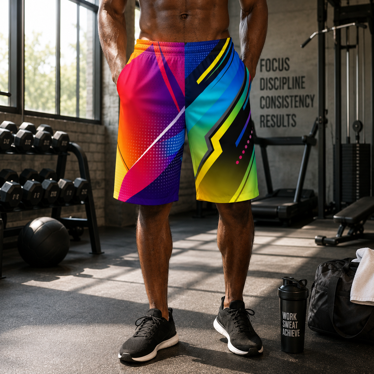 Men's Abstract Neon Athletic Jogger Shorts — Colorful Geometric AOP
