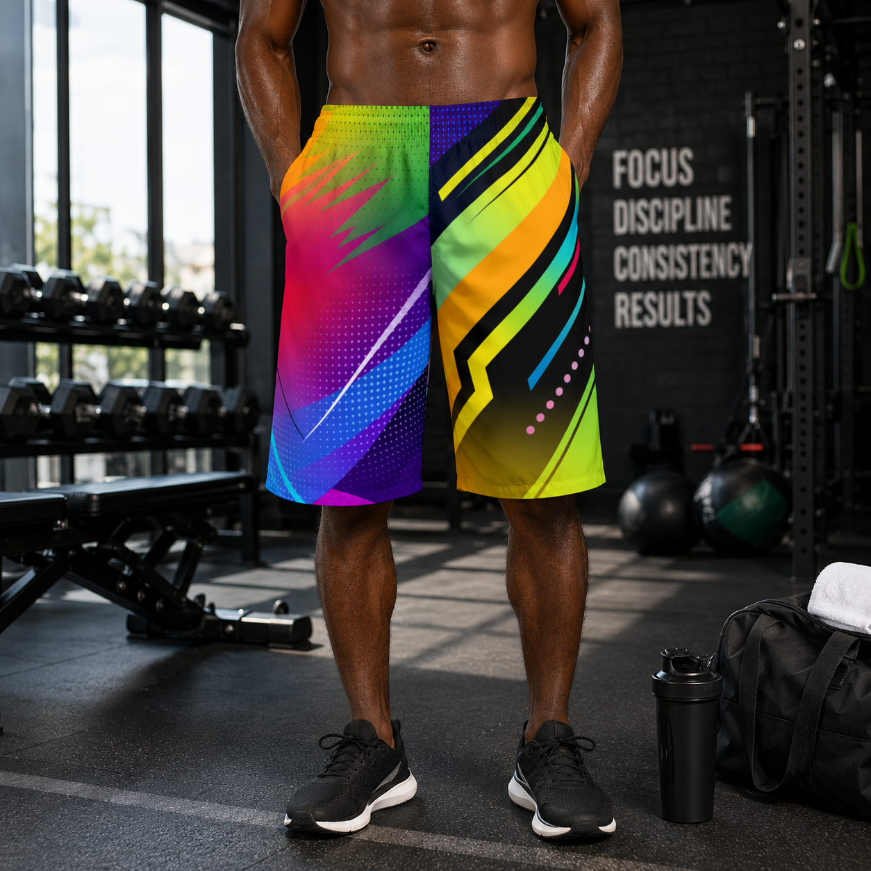 Men's Neon Geo Jogger Shorts — Vibrant Abstract All-Over Print