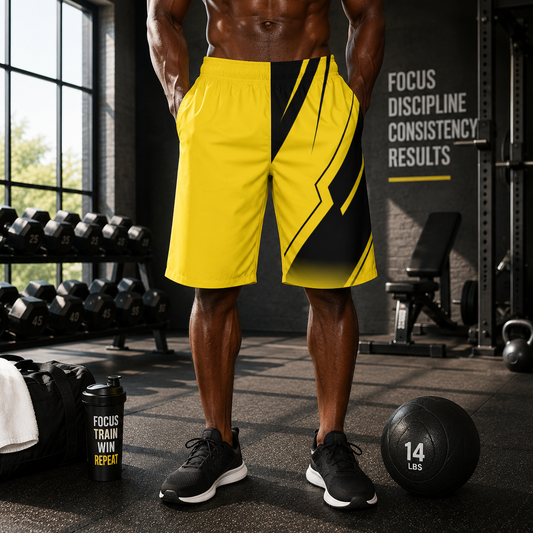 Men's Yellow Black Athletic Jogger Shorts — Bold Geometric Sportwear