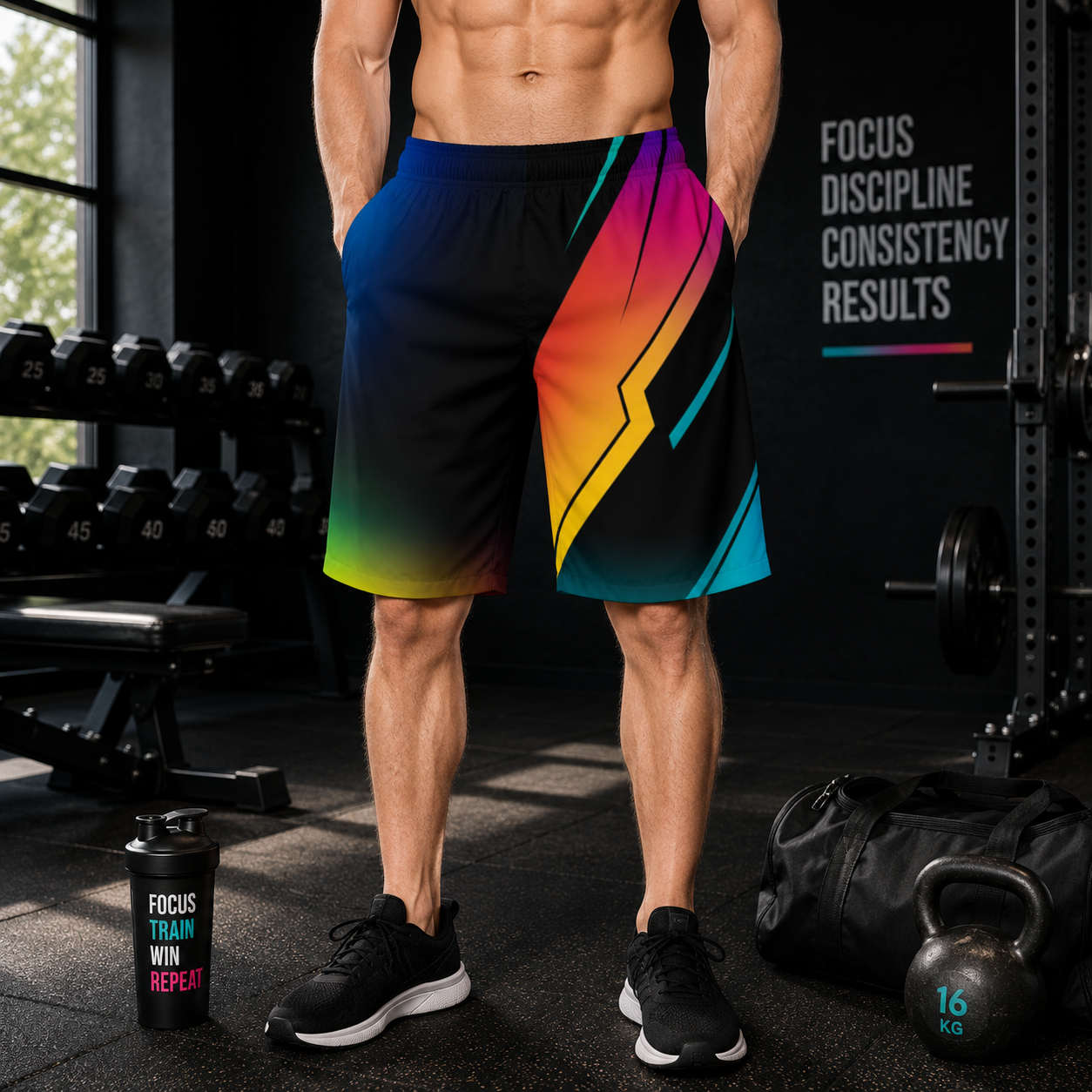 Men's Abstract Neon Stripe Jogger Shorts — Gradient Surf Athletic Shorts