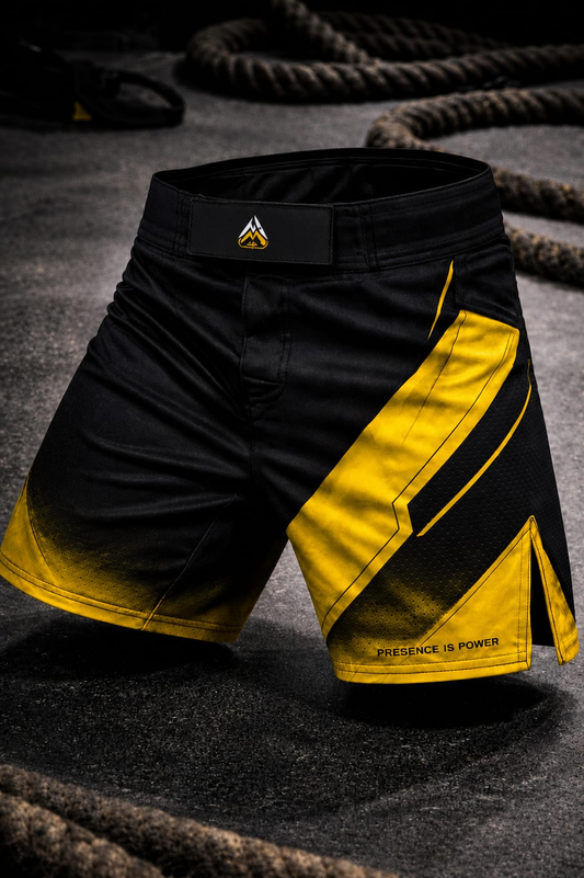 Men's Yellow & Black Geometric Swim Shorts — Bold Chevron Mid-Length Trunks