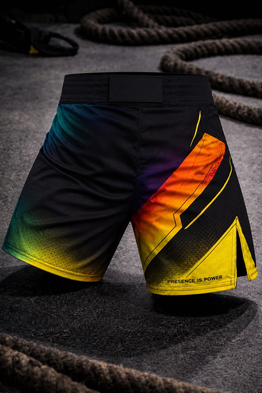 Men's Board Shorts – Bold Gradient Surf Trunks with Orange & Yellow Chevron Accent - No Pockets