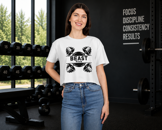 Beast Mode Crop Tee — Women's Fitness Gym Top with Dumbbell Design