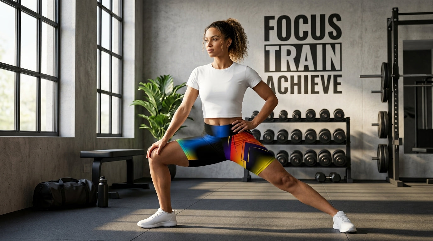 Electric Sunset Biker Shorts | Blue-to-Orange Gradient Geometric Activewear