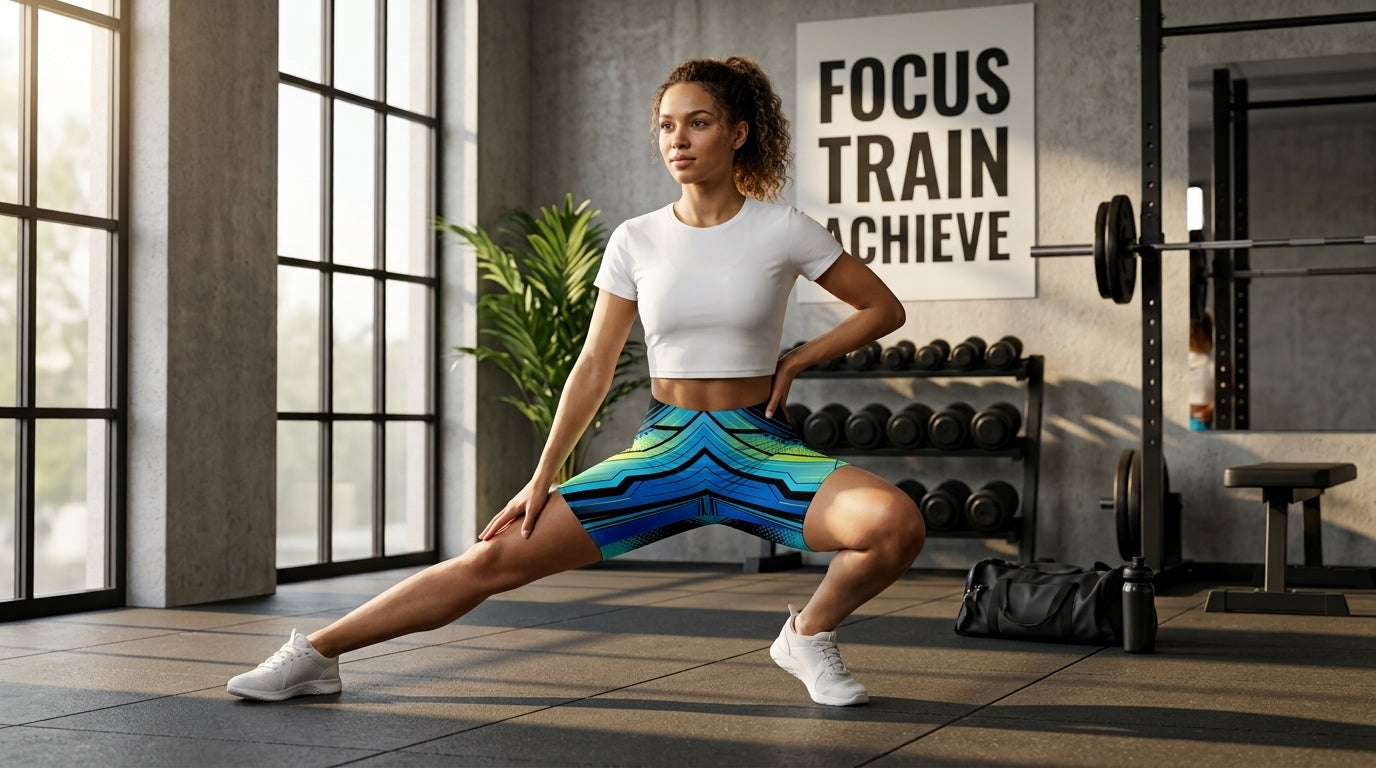 Aqua Circuit Biker Shorts | Blue-Green Tech Chevron Activewear