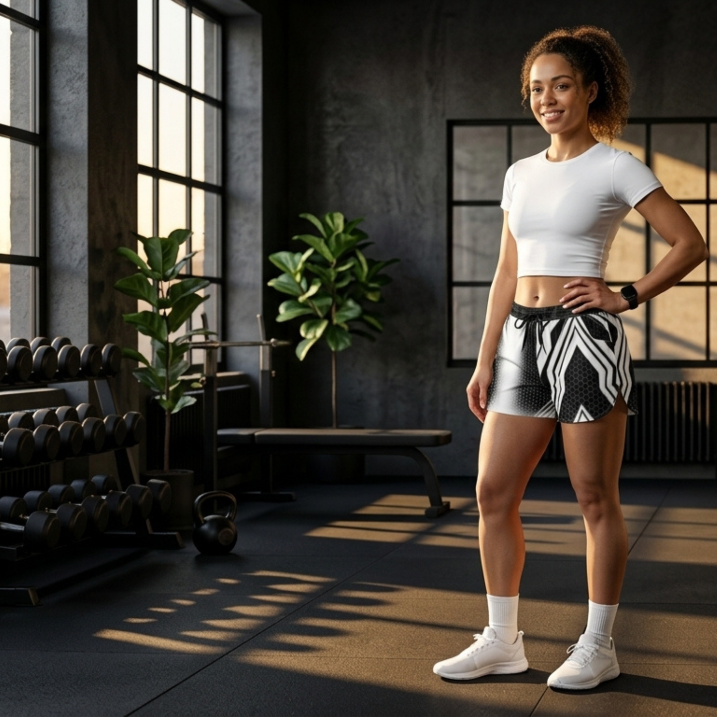 Black & White Geo Athletic Shorts — Women's Casual AOP Running Shorts