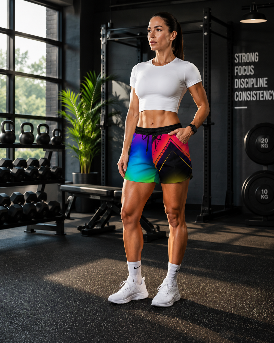 Women's Multipurpose Athletic Shorts with Pockets | Neon Rainbow Gradient
