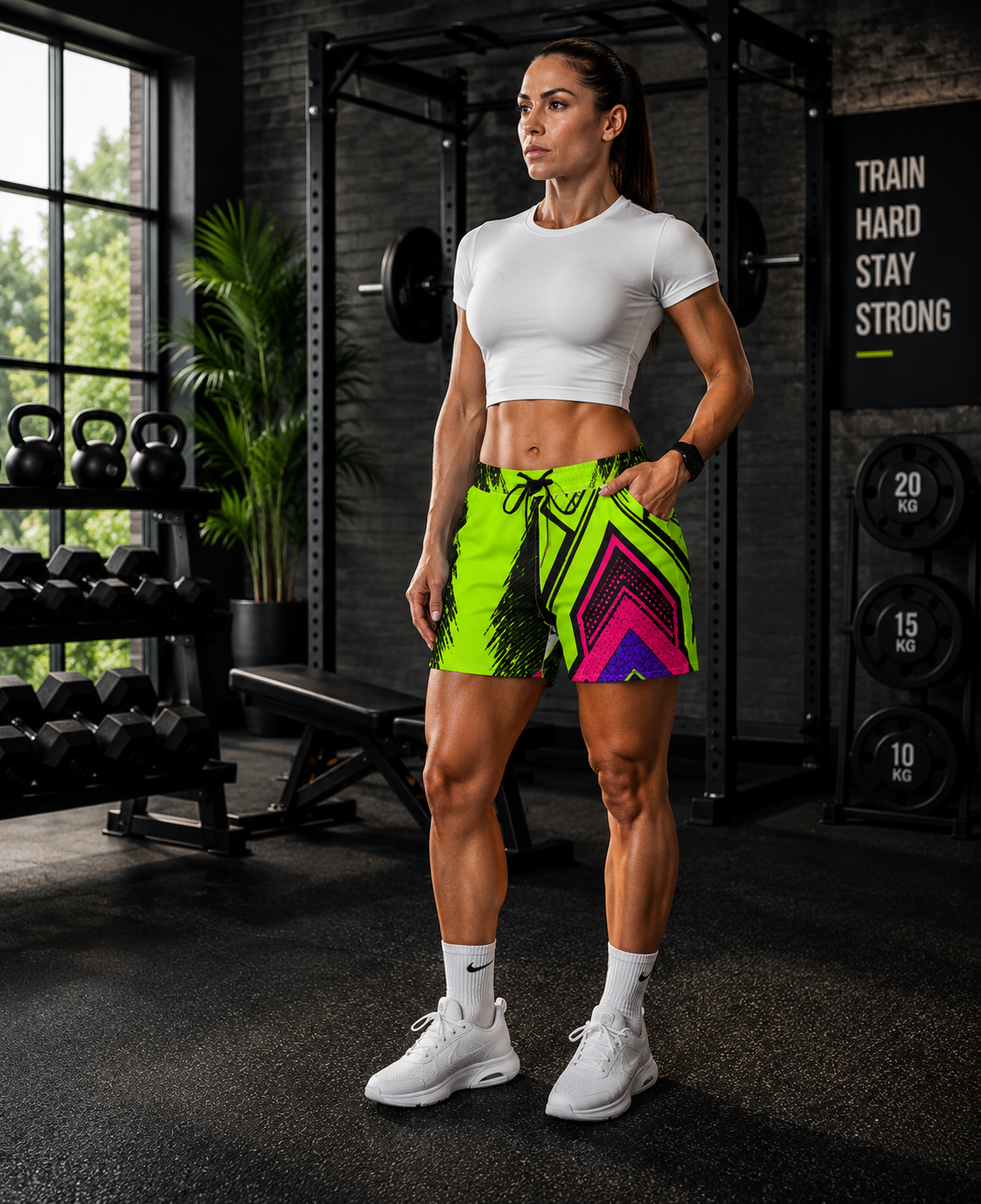 Women's Multipurpose Athletic Shorts with Pockets – Neon Green Honeycomb