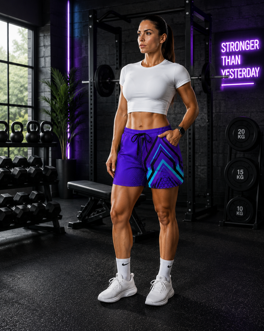 Women's Multipurpose Athletic Shorts with Pockets – Cyber Circuit Purple & Teal