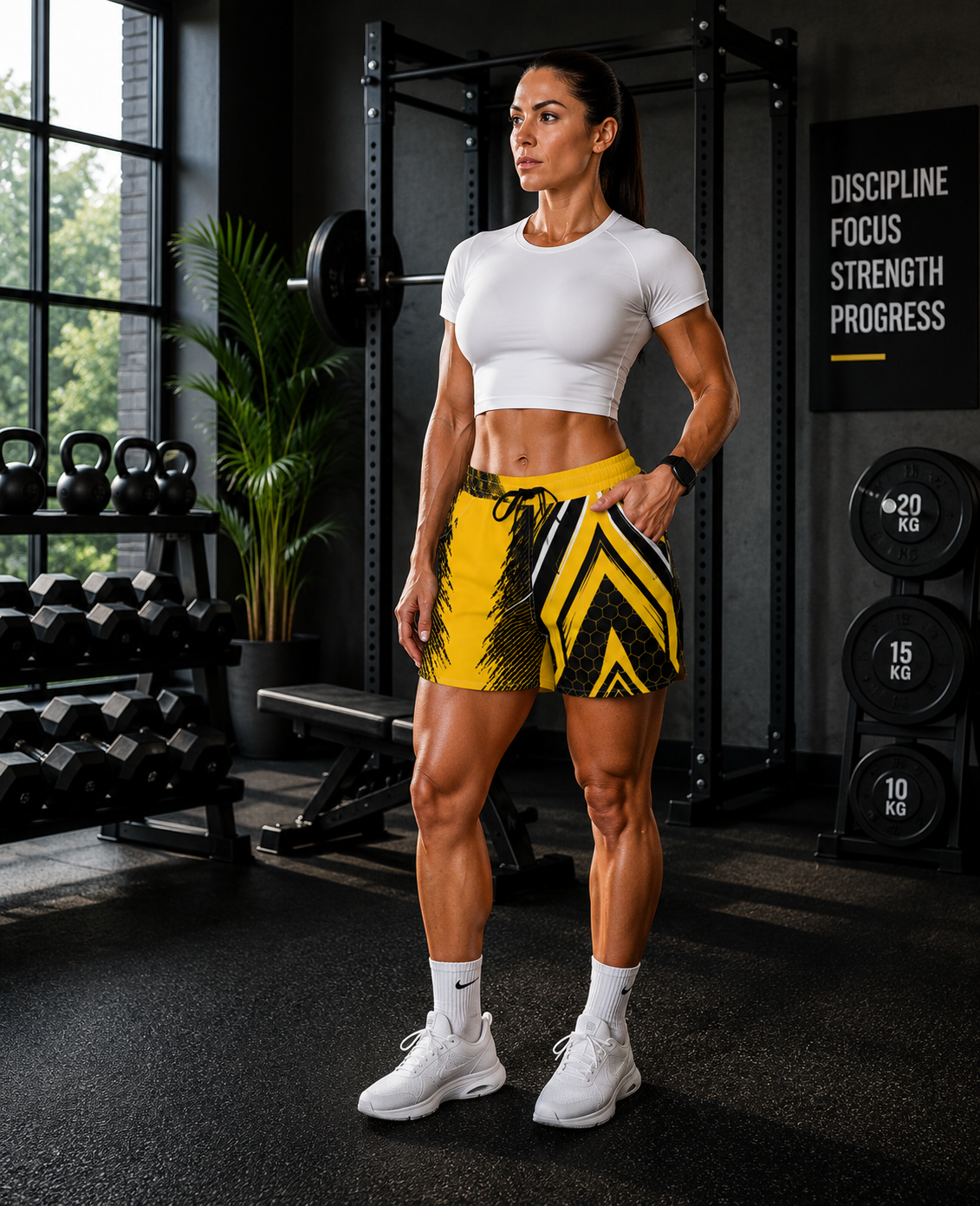 Women's Multipurpose Athletic Shorts with Pockets – Honeycomb Strike Yellow & Black
