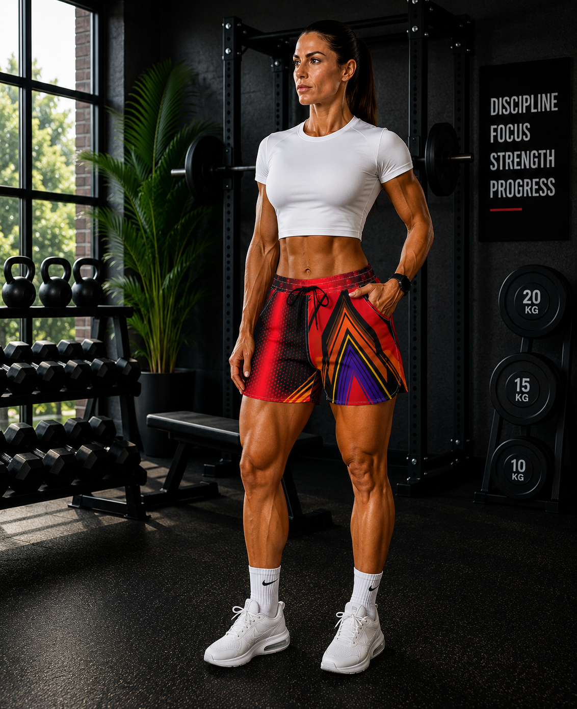 Women's Multipurpose Athletic Shorts with Pockets | Red Geometric
