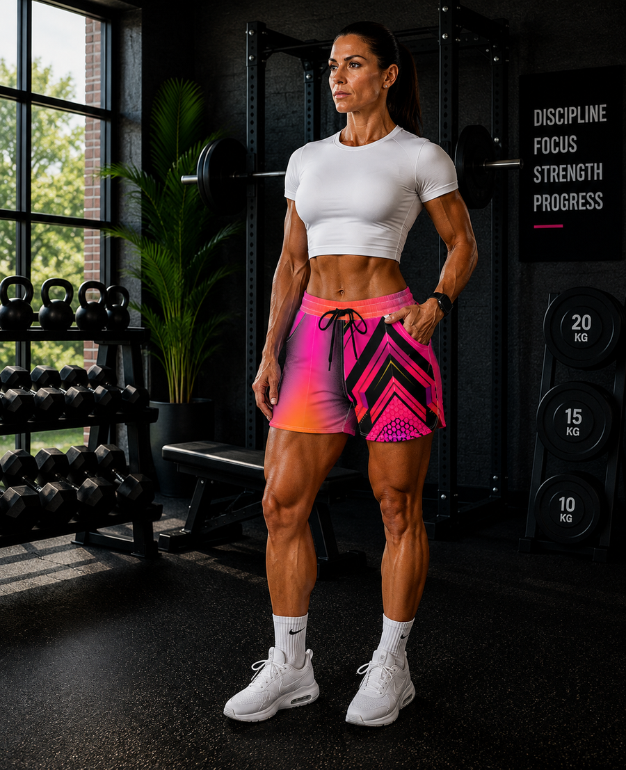 Women's Multipurpose Athletic Shorts with Pockets | Neon Pink Geometric