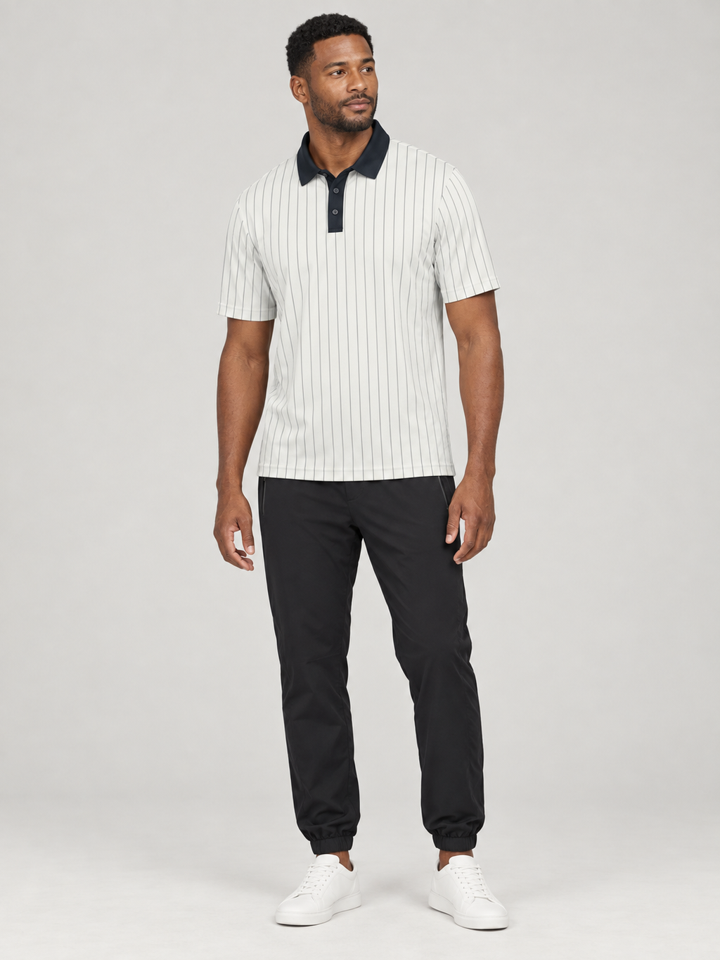 Classic Striped Polo Shirt – Navy Collar, Vertical Pinstripe Casual Golf Tee