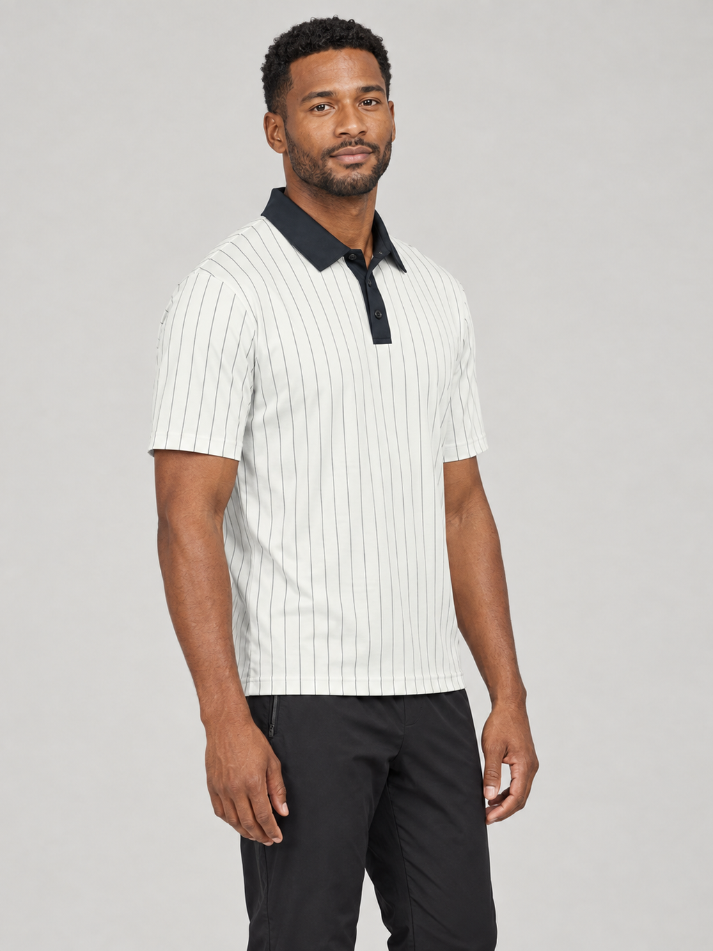 Classic Striped Polo Shirt – Navy Collar, Vertical Pinstripe Casual Golf Tee