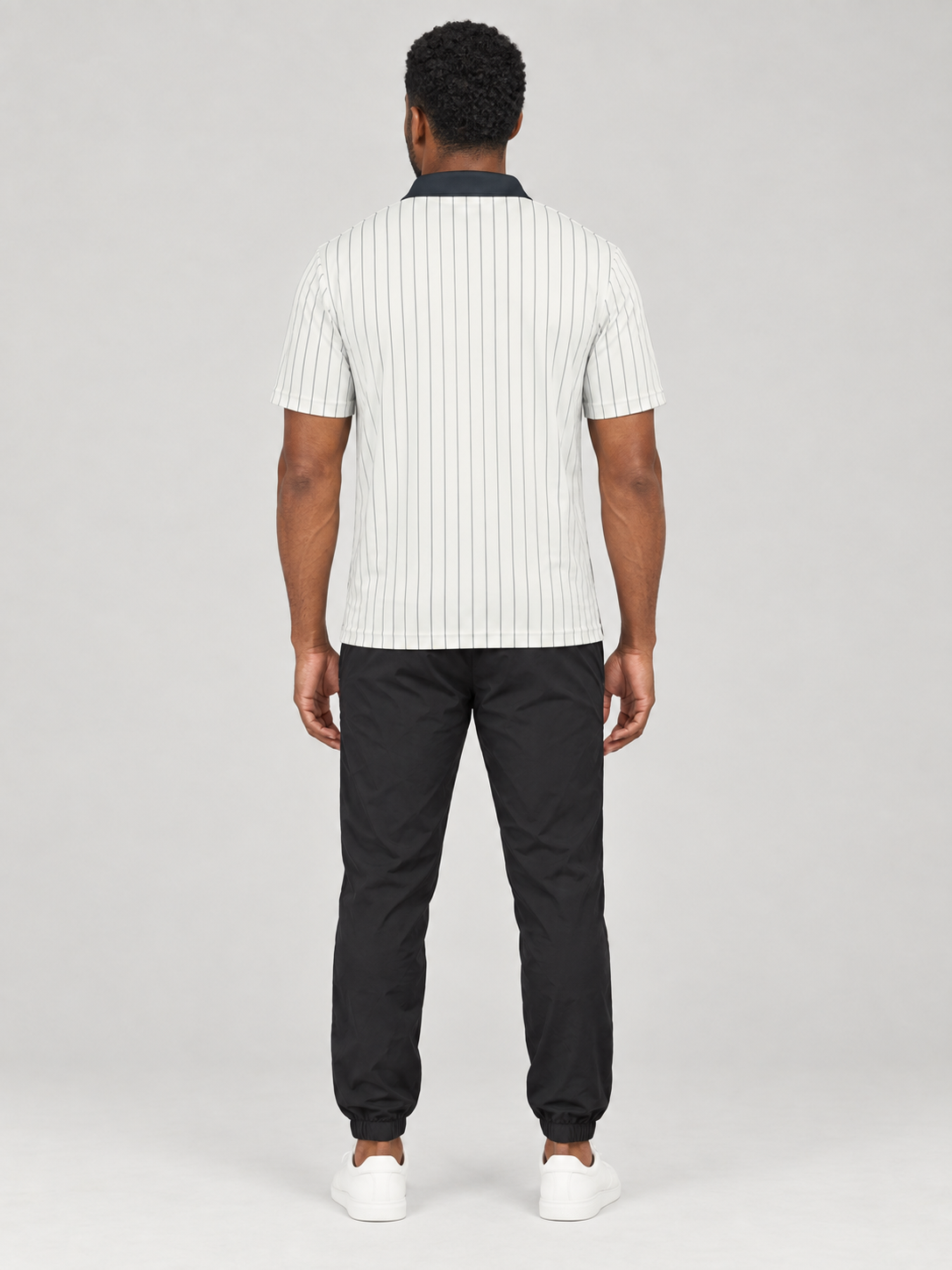 Classic Striped Polo Shirt – Navy Collar, Vertical Pinstripe Casual Golf Tee