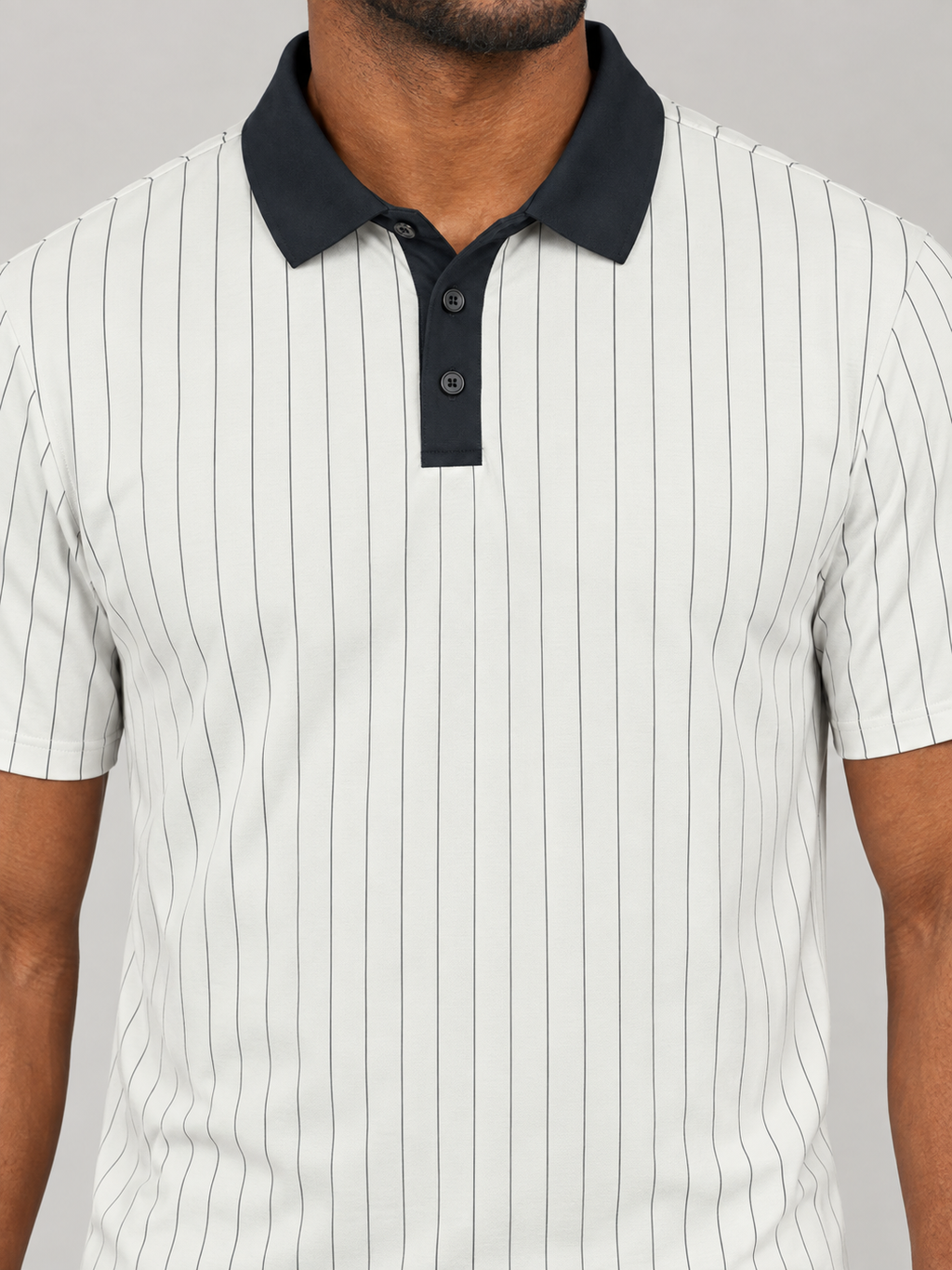 Classic Striped Polo Shirt – Navy Collar, Vertical Pinstripe Casual Golf Tee
