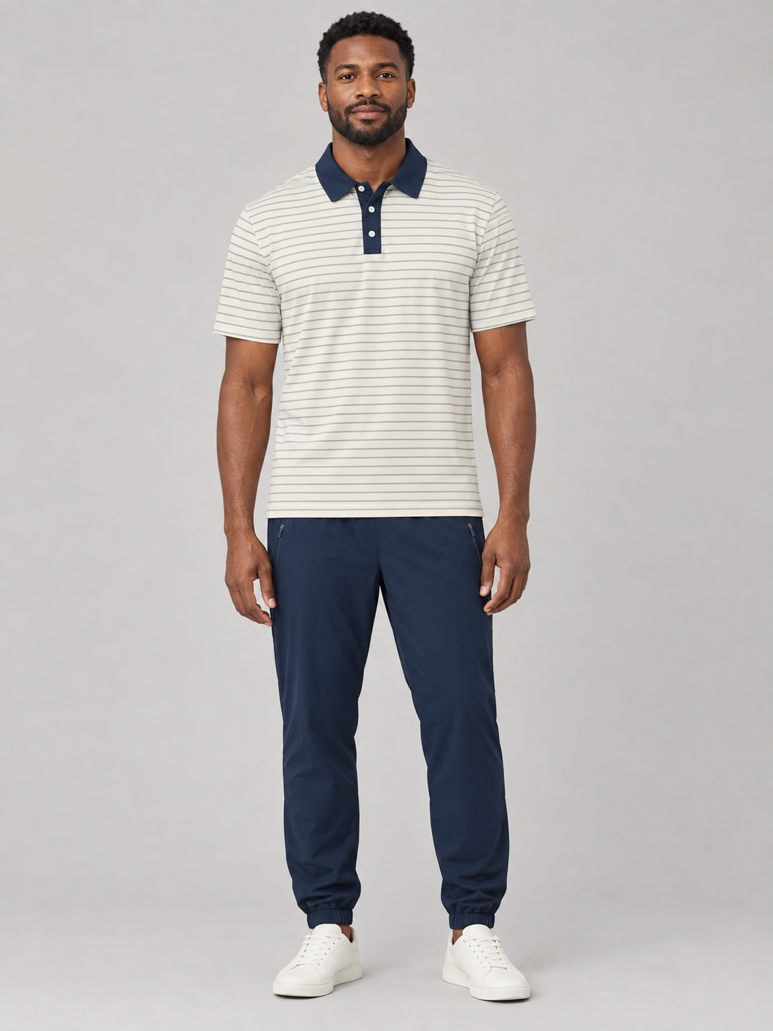 Navy-Trim Striped Polo Shirt — Classic Casual Golf & Everyday Tee