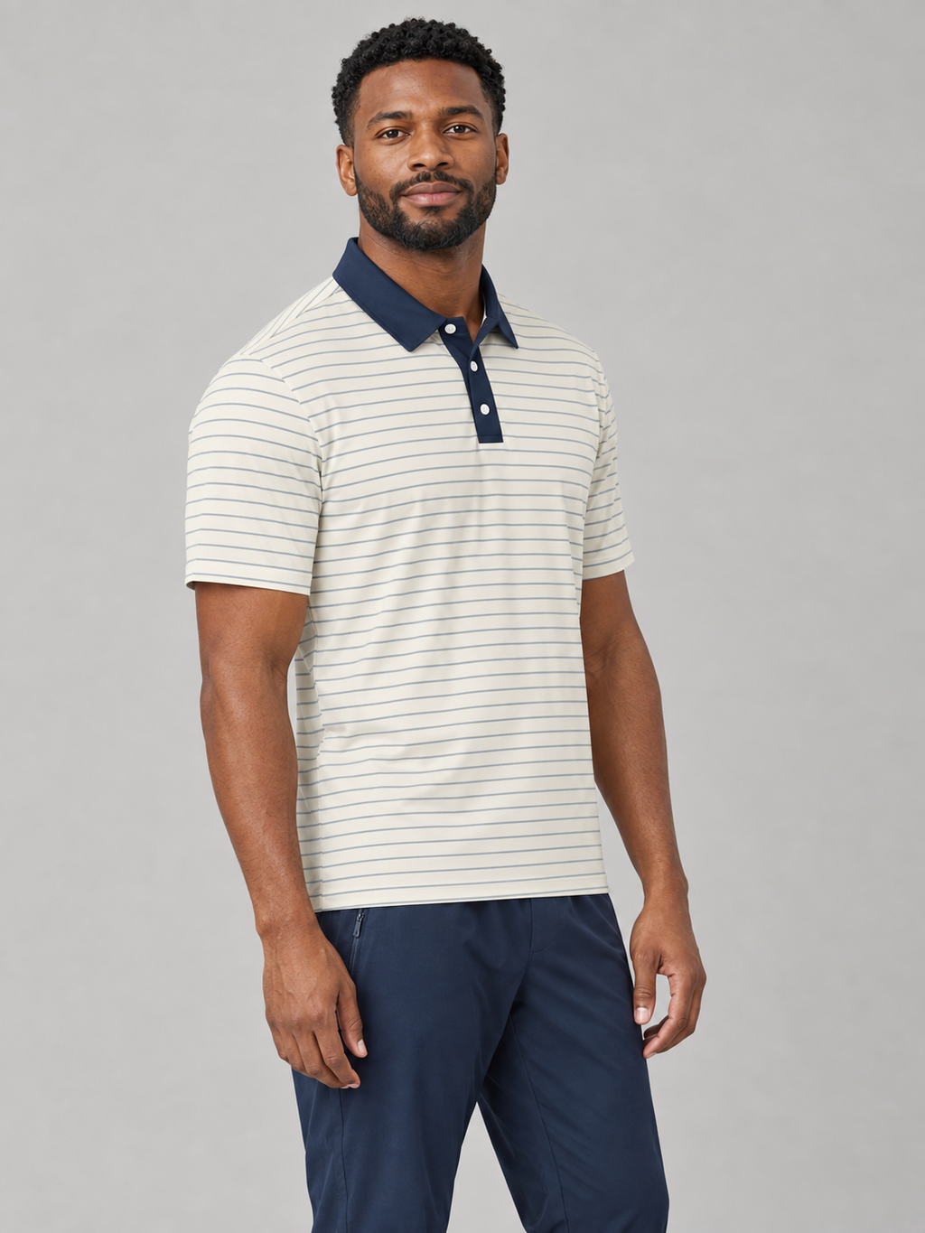 Navy-Trim Striped Polo Shirt — Classic Casual Golf & Everyday Tee