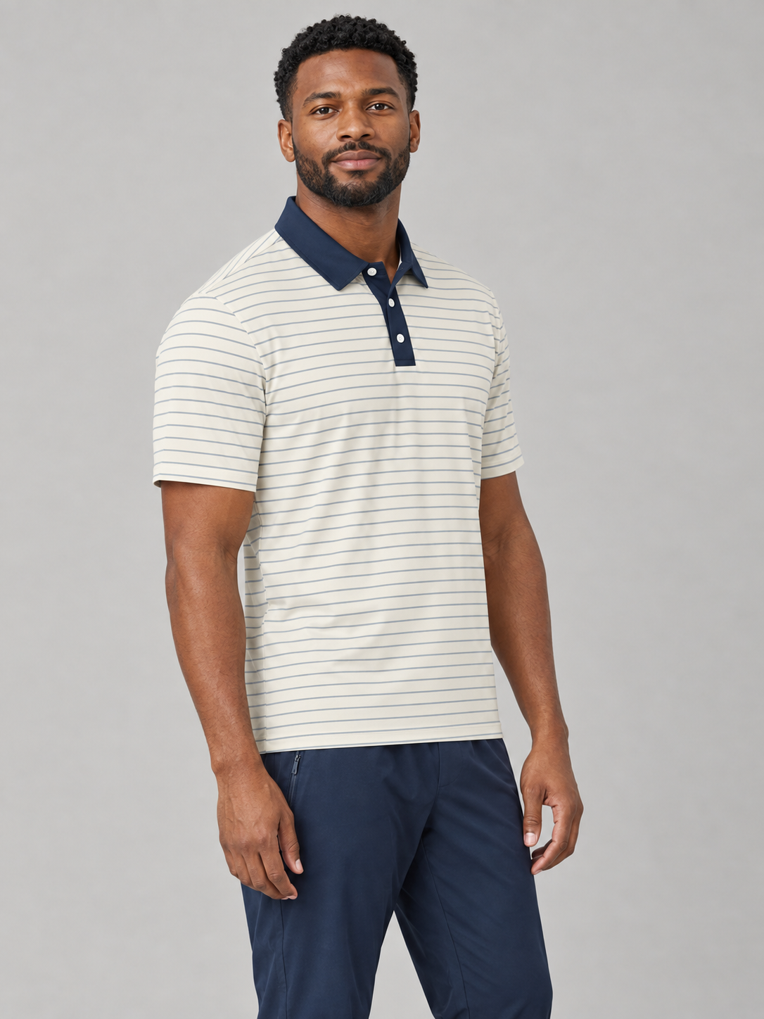 Navy-Trim Striped Polo Shirt — Classic Casual Golf & Everyday Tee
