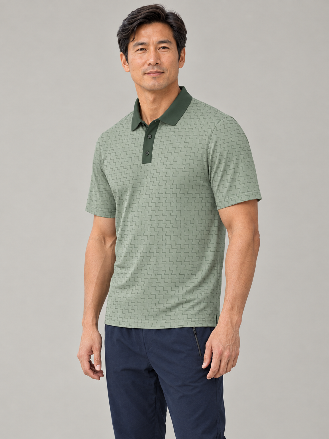 Green Geometric Polo Shirt — Men's Casual Golf & Business-Casual Top