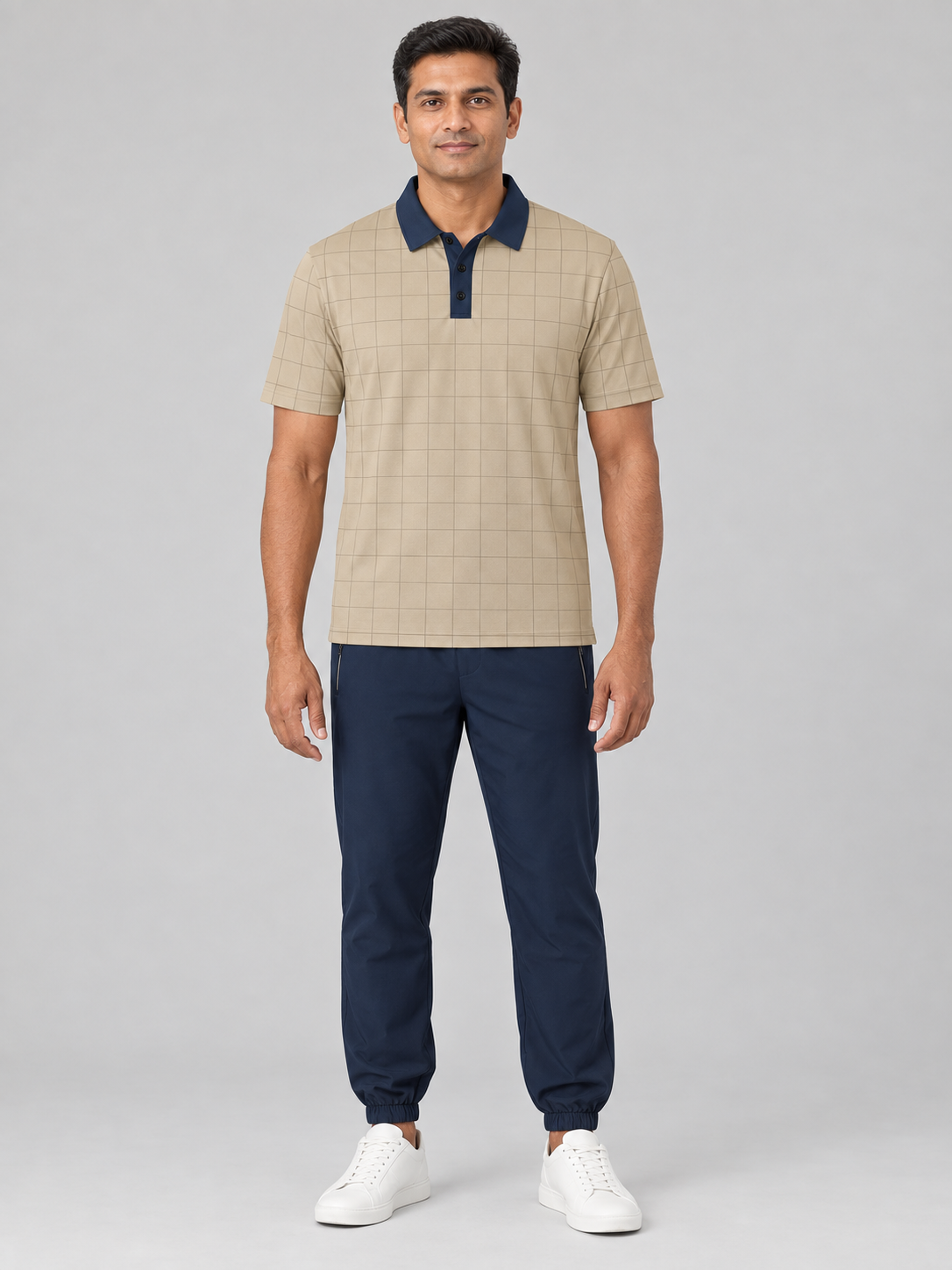 Beige Plaid Golf Polo Shirt – Classic Check Collared Tee