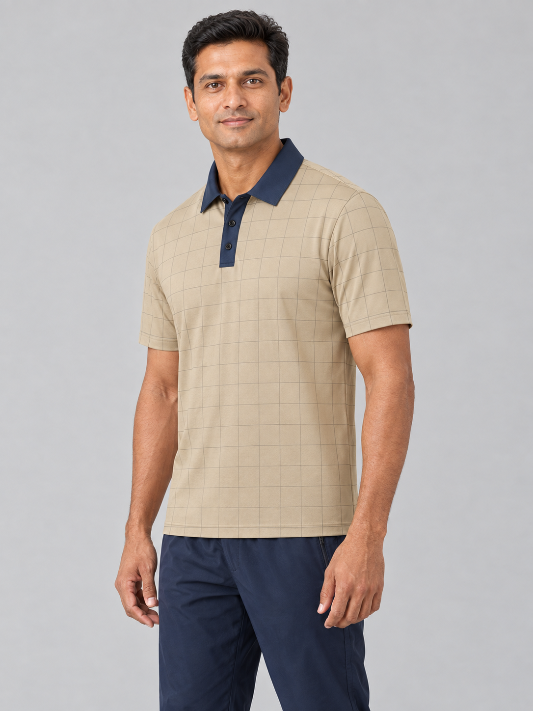 Beige Plaid Golf Polo Shirt – Classic Check Collared Tee