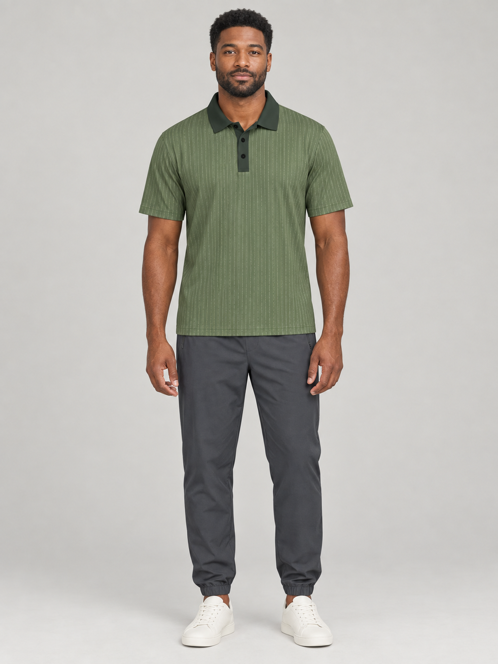 Olive Pinstripe Polo Shirt — Classic Casual Men’s Collared Tee