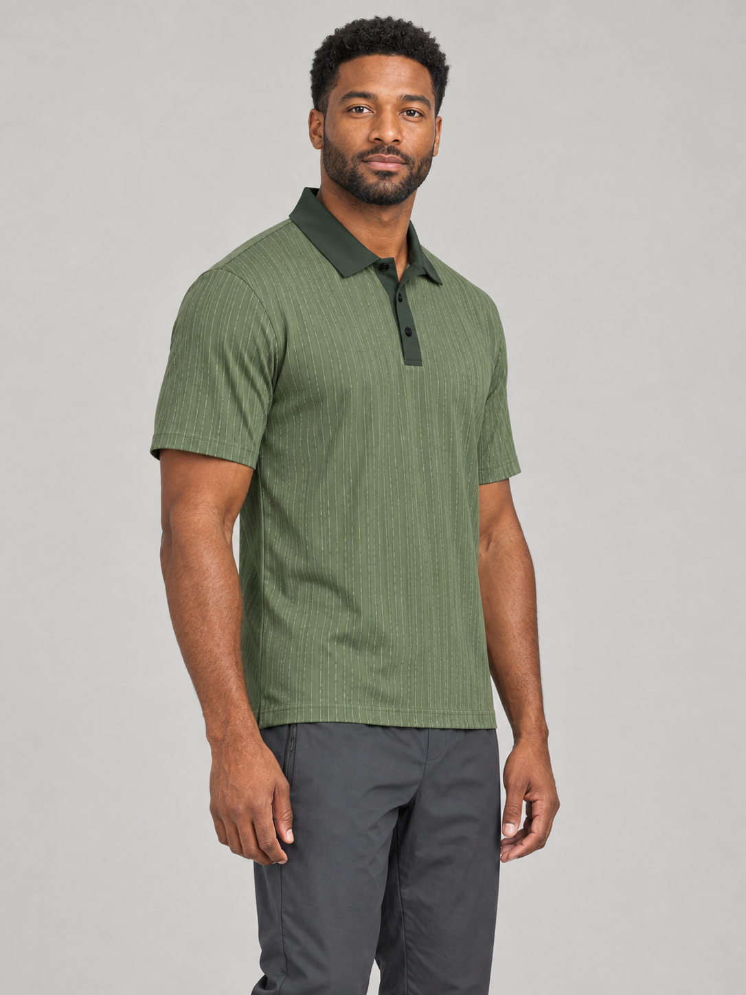 Olive Pinstripe Polo Shirt — Classic Casual Men’s Collared Tee
