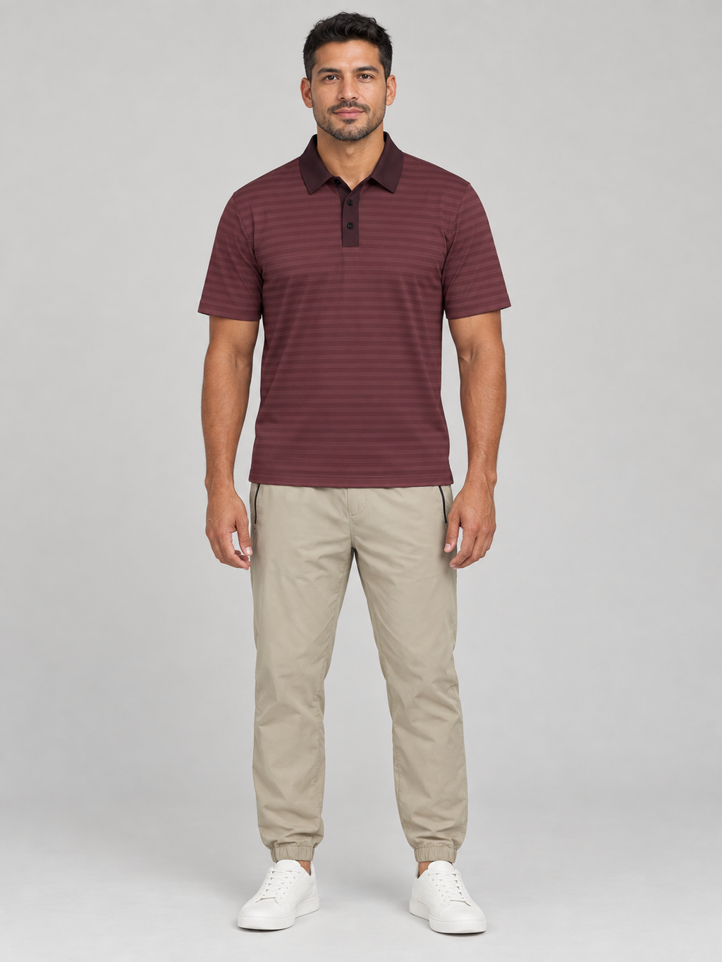 Classic Maroon Polo Shirt – Striped All-Over Print Casual Golf Tee